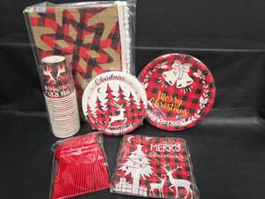 lot 480 image: 24 Serving Christmas Buffalo Plaid Party Supplies Set Plates Cups Napkins Cutlery and Burlap Table Runner