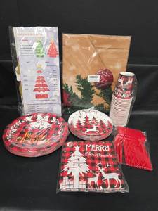 lot 483 image: Christmas Party Supplies Lot Plates, Cups, Napkins, Cutlery, Photo Backdrop, Gift Pack Box DIY