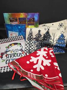 lot 485 image: Christmas Decor Lot Tree Skirt, Garden Flag, Pillow Cover, Window Clings, Light Set