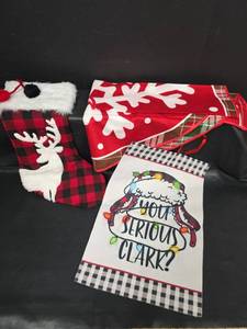 lot 493 image: Christmas Stocking Tree Skirt and Garden Flag Lot of 3
