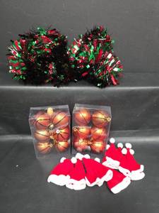 lot 494 image: Basketball Christmas Ornaments 12 Lot with Tinsel Garland and Santa Hats