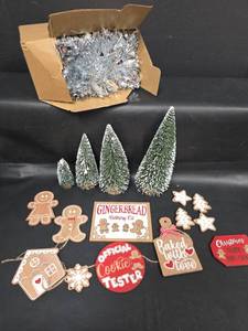 lot 496 image: Gingerbread Christmas Decor Lot with Bottle Brush Trees, Signs, Ornaments and Tinsel