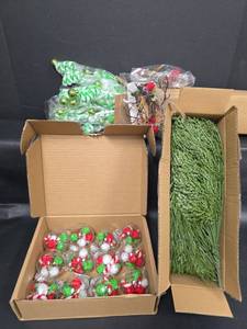 lot 497 image: Christmas Decor Lot Clear Ball Ornaments Green Foliage Sprays Tree Picks