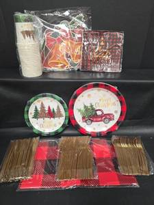 lot 512 image: Christmas Party Tableware Lot Paper 24 Serving Plates Cups Napkins Gold Cutlery Tablecloth and Decor