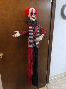 lot 515 image: Lighted Hanging Clown Halloween Decoration Figure with Red Hair and Striped Outfit