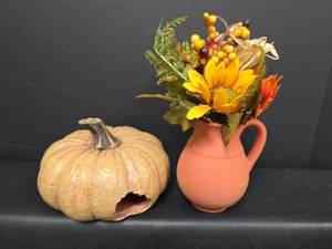 lot 516 image: Decorative Pumpkin Figure and Orange Pitcher Vase with Artificial Sunflower Arrangement and Pumpkin Decor