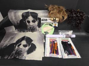 lot 517 image: Halloween Decor, Wigs, Creepy Placemats Large Halloween Wall Decal, with Foil Fringe Curtains