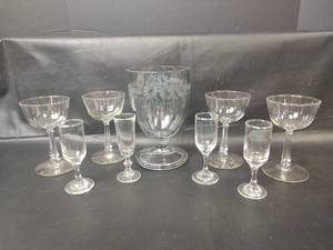 lot 520 image: Vintage Etched Floral Footed Glass Vase with 8 Stemmed Glasses