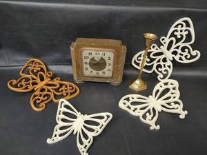 lot 540 image: Ingraham Skyline Alarm Clock with Butterfly Figures and Brass Candlestick