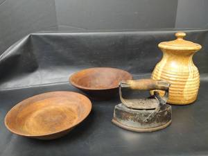 lot 545 image: VTG Sad Iron with Wooden Handle, Wooden Bowls and Lidded Pottery Jar