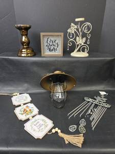 lot 561 image: Solar Lantern, Wind Chime, Wall Signs, and Candle Holders