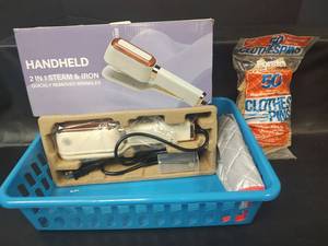 lot 566 image: New Handheld 2 in 1 Steam and Iron with Hardwood Clothespins and Basket
