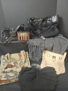 lot 569 image: Assorted Handbags and Purses with Gray Fringe Scarf