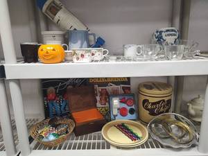 lot 583 image: Mixed Lot Assorted Mugs, Glass Cups, Tin, Records, Sears Vibrator Massager and More