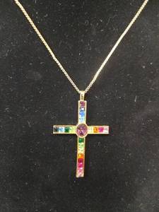 lot 594 image: Rainbow Crystal Cross Pendant Necklace with 30 Box Chain