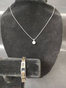 lot 599 image: Round Pendant on 18in Necklace with 2in Extender with Rhinestones and Two-Tone Cable Bracelet with Cross