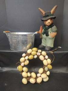 lot 609 image: Easter Decor Lot Rabbit Figure, Egg Wreath, Two-Handle Metal Bucket with Mini Garden Tool at