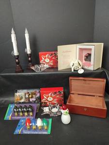 lot 626 image: Holiday Decor Lot Department 56 Snowbunnies Figurine, Mikasa Star Votive Holders, Bulbs and More