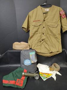 lot 633 image: New Equip One Person Mosquito Hammock, Boy Scouts of America Official Shirt, Neckerchiefs, Belt and Flashlight