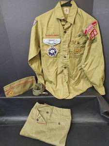 lot 634 image: Vintage Boy Scouts of America Official Shirt, Cap, Belt and Pants Uniform Lot