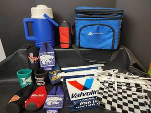 lot 637 image: Ozark Trail Cooler Mixed Lot with Valvoline Banners and Koozies