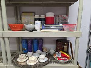 lot 642 image: Assorted Household Lot Coleman Tuffoams Bottles, Igloo Jug, Teacups, Tumblers, Jewelry Box, Misc