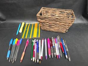 lot 657 image: Assorted Pens and Pencils with Basket Including Colored Ink Pens