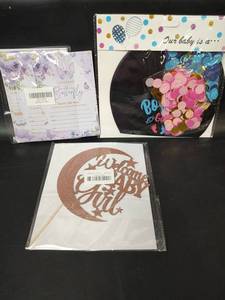 lot 675 image: Baby Shower Party Supplies- Invitations, Confetti Cake Topper, and Gender Reveal Balloon