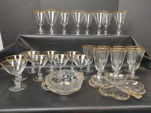 lot 684 image: Vintage Clear Crystal Stemware with Jeanette Glass Company Bowl and Clover Plate