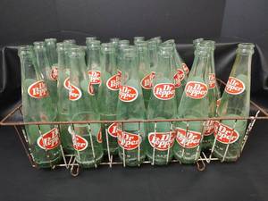 lot 688 image: Vintage Dr Pepper 10 FL OZ Glass Bottles with Wire Carrier, 24 Bottles