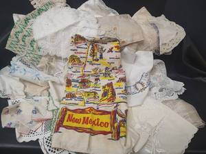 lot 703 image: Vintage, Assorted Embroidered Linens, Lace Doilies and Handkerchiefs with New Mexico Towel