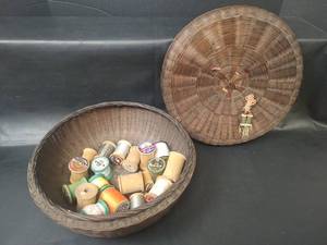 lot 704 image: Vintage Wooden Thread Spools with Round Woven Basket