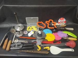 lot 705 image: Assorted Kitchen Gadget Lot with Thermometers, Cookie Cutters, Can Openers and More