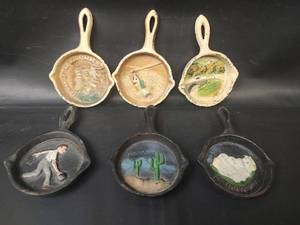 lot 707 image: Vintage Miniature Skillet-Shaped Souvenir Dishes with Painted Relief Scenes