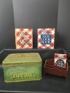 lot 720 image: Vintage Better Homes and Gardens Cook Books, Tin Bread Box and Wood Book Letter Holder