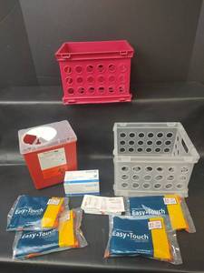 lot 721 image: Sharps Container, Ready Touch Insulin Syringes, Storage Baskets and Alcohol Wipes