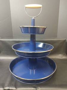 lot 724 image: 3-Tier Blue Metal Serving Stand with Wood Handle
