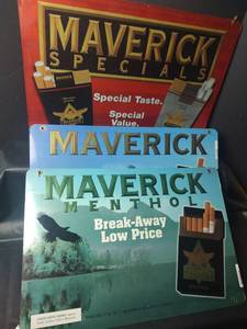 lot 727 image: Vintage Dual Sided Maverick Cigarette Advertising Signs, 25.5 x 17.5