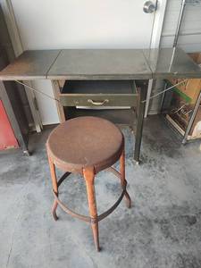lot 804 image: Drop-Leaf Work Table with Single Drawer and Lower Shelf on Casters with Metal Stool
