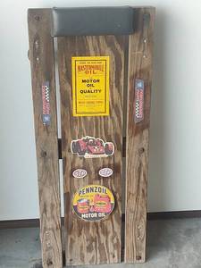 lot 814 image: Wood Mechanic Creeper with Casters and Oil Brand Stickers