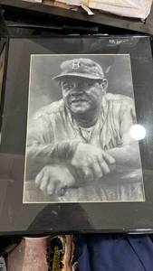 lot 3 image: Babe Ruth drawing print Framed Black and White Photograph Baseball Player 8 Cap