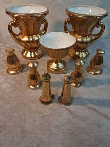 lot 35 image: Decorative Brass Urn Set with Porcelain Inserts and Finials 9 Pieces