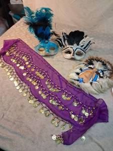 lot 42 image: Masquerade Party Costume Lot 3 Feather Masks, Coin Hip Scarf, Accessories