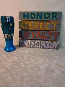 lot 44 image: Honor Respect Loyalty Integrity Painted Wood Sign and Military Mug Lot