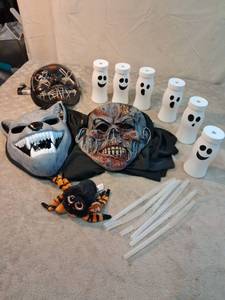 lot 64 image: Halloween Costume Lot Masks Ghost Decorations Plush Spider
