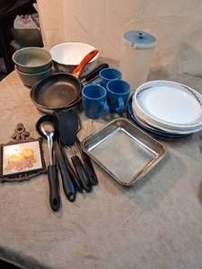 lot 71 image: Kitchen Cookware and Utensils Lot with Dishes Pans Mugs and Utensils