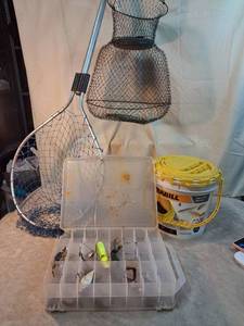 lot 74 image: Fishing Lot Net Tackle Box Frabill Bucket Lures Hooks
