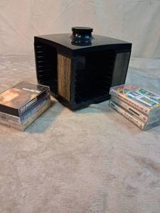 lot 84 image: Black Cube Media Storage Cabinet with Wood Panel Doors