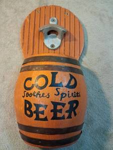 lot 86 image: Gold Soothes Spirits Beer Barrel Bottle Opener Wall Mount