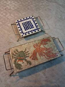 lot 88 image: Mosaic tile serving trays with metal handles, 2 piece lot
